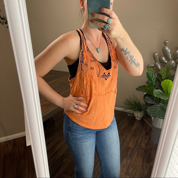Free People orange Blossom floral coral CutOut Crop Top small embroidered - Picture 2 of 10